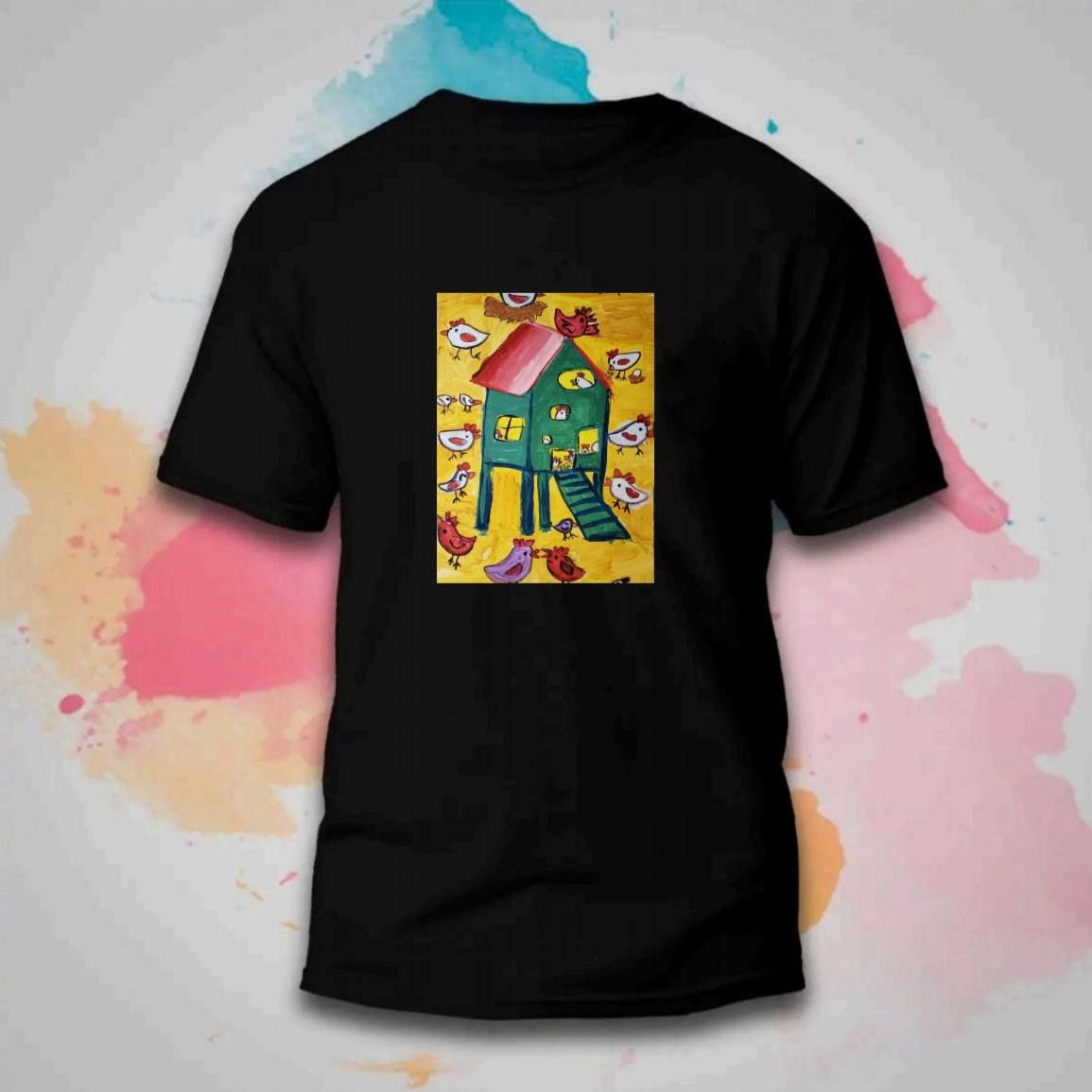 Футболка чорного кольору з дитячим малюнком "Курячі історії" від Аліси